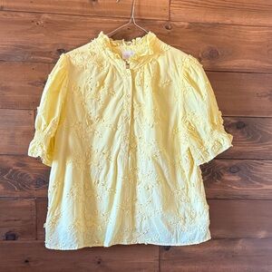 entro Yellow Embroidered Ruffle-Neck Button Front Blouse
